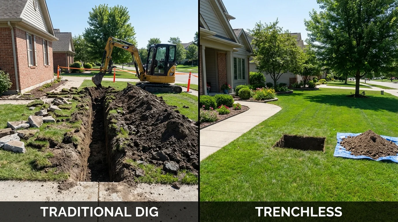 Trenchless sewer repair with minimal yard damage versus traditional excavation in Knob Noster, MO