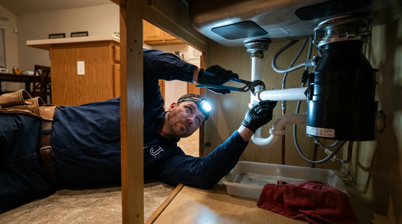 P-trap and supply line connections under a kitchen sink showing a common leak point in Knob Noster, MO